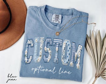 Comfort Colors® Floral Custom Text Shirt, Personalized Faux Patchwork Name Tee, Chinoiserie Mama Shirt, Kids Name Tee, Birthday Gift For Her