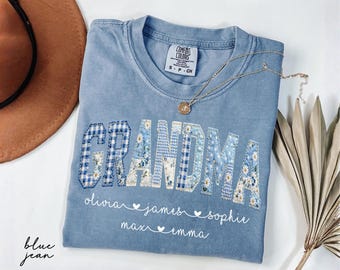 Personalized Grandma Shirt With Grandkids Names, Comfort Colors® Floral Faux Patchwork Tee, Custom Nana Mimi Gigi Gift, Mother's Day Gifts