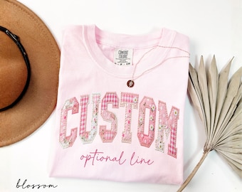 Comfort Colors® Floral Custom Text Shirt, Personalized Faux Patchwork Name Tee, Chinoiserie Mama Shirt, Kids Name Tee, Birthday Gift For Her