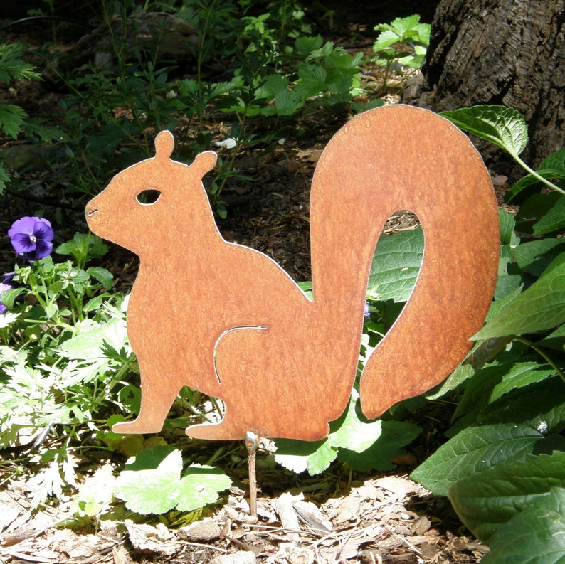Rusty Finish Metal Garden Art Squirrel Yard Stake Etsy