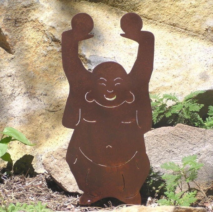 Rusty Finish Garden Happy Buddha Yard Art Stake Etsy