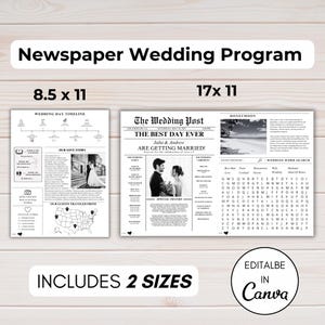 Op de afbeelding: Zwart-witte printbare bruiloftprogramma-sjabloon in twee formaten, 8,5 x 11 inch en 17 x 11 inch. De sjabloon heeft een krantontwerp met koppen, tekst en afbeeldingen. De tekst bevat "The Wedding Post", "The Best Day Ever", "Julia & Andrew", "Are Getting Married!" en "Wedding Day Timeline".