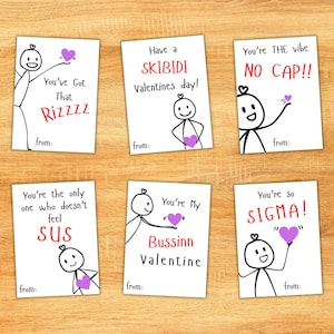 Kinder lustige Slang 6 Valentinstagskarten, zwischen Schule Jungen Mädchen Valentinstag Geschenk. Druckbares PDF skibidi, rizz, Perfekt für die Schule, Canva