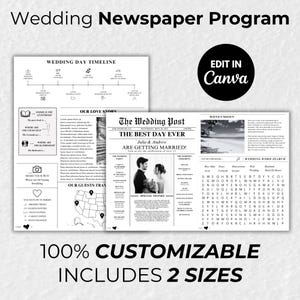 Puede incluir: Una plantilla de programa de boda en blanco y negro con el texto "The Wedding Post" y "The Best Day Ever" en un estilo de periódico vintage. La plantilla incluye una línea de tiempo del día de la boda, una sección para la historia de amor de la pareja, una búsqueda de palabras de boda y una sección sobre la luna de miel. La plantilla es personalizable y está disponible en dos tamaños.
