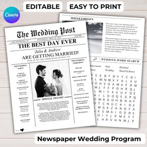 May include: A black and white wedding program in a newspaper format, featuring the headline "The Best Day Ever." It includes the couple's names, wedding party details, ceremony schedule, and a wedding word search. The words "Editable" and "Easy to Print" are visible.