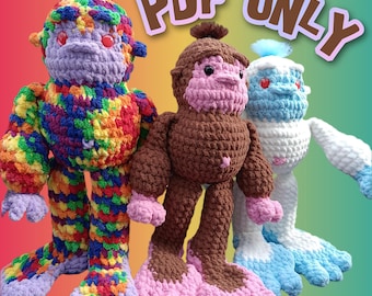 May include: Three handmade crochet monkey dolls in vibrant colors. One is rainbow-colored, one is brown, and one is white and blue. Each doll has large feet and the text "PDF ONLY". The dolls are whimsical and unique.