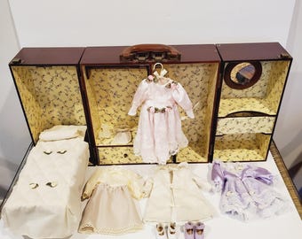 Vintage Cracker Barrel Doll Wood Trunk Armoire with Murphy Bed, Dresses, Shoes and Hangers Hard to Find