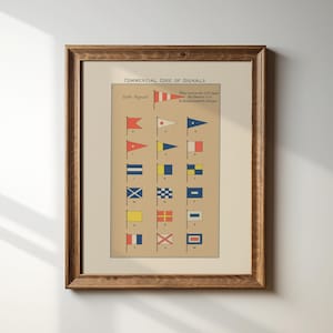 May include: A framed chart with the title "Commercial Code of Signals". The chart shows a series of flags with different colors and patterns, each representing a letter of the alphabet. The flags are arranged in rows and columns, with the letter they represent listed below each flag.