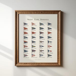 May include: A framed print titled Yacht Club Burgees featuring a grid of various triangular nautical flags in red, blue, white, and yellow. Each flag is labeled with a year and the name of the yacht club, displayed in a dark brown wooden frame.