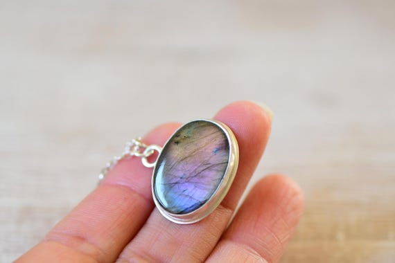 Flashy Labradorite Necklace, Sterling Silver Bezel, Handmade