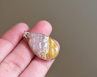 Orbicular Jasper Teardrop Pendant, Sterling Silver Bezel, 18" Chain