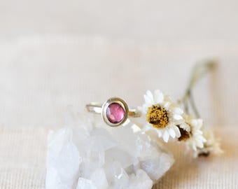 Pink Tourmaline Sterling Silver Ring, Hammered Band, Size 8
