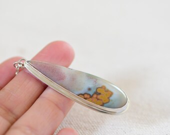 Druppelhanger oceaanjaspis, sterlingzilveren ring, natuursteensieraden