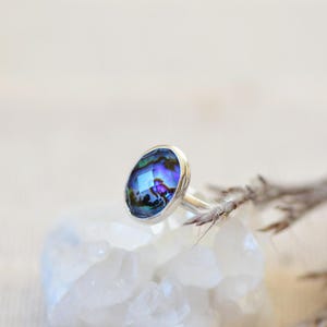May include: A silver ring featuring a blue abalone shell inlay. The ring is displayed on a white background with a dried branch.