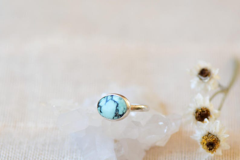 May include: A silver ring with a light blue turquoise stone set in a bezel setting.