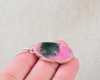 Cobalto Calcite Druzy Necklace, Sterling Silver Bezel, Pink Green Crystal