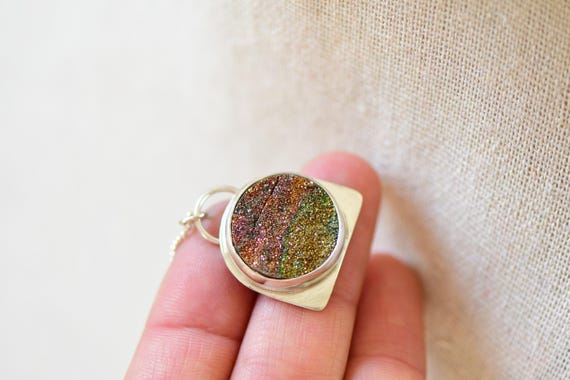 Rainbow Pyrite Druzy Necklace, Sterling Silver Bezel, Natural Sparkly Pendant