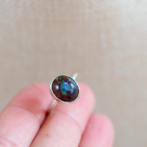 Boulder Opal Ring, Sterling Silver Bezel, Hammered Band, Size 6.25