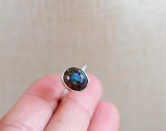 Boulder Opal Ring, Sterling Silver Bezel, Hammered Band, Size 6.25