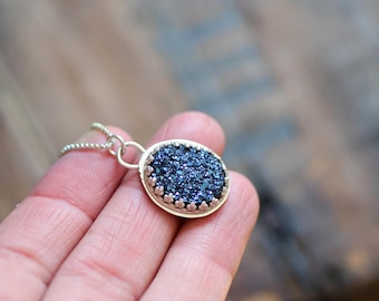 Blue Druzy Quartz Necklace, Sterling Silver Pendant, 18 Inch Chain