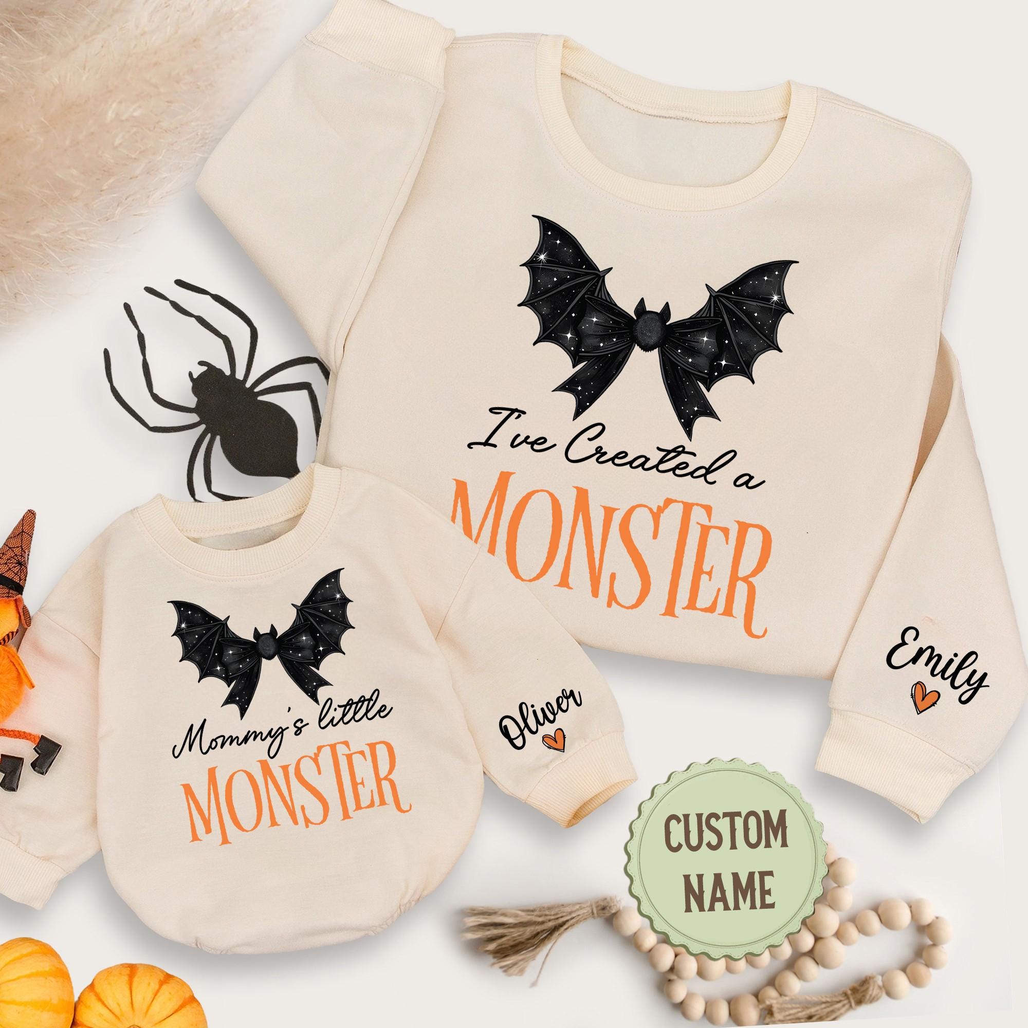 Custom Name Bat Coquette Bow I&#39;ve Created A Monster And Mommy&#39;s Little Monster Halloween Sweatshirts, Cute Baby Romper, Gifts For Halloween