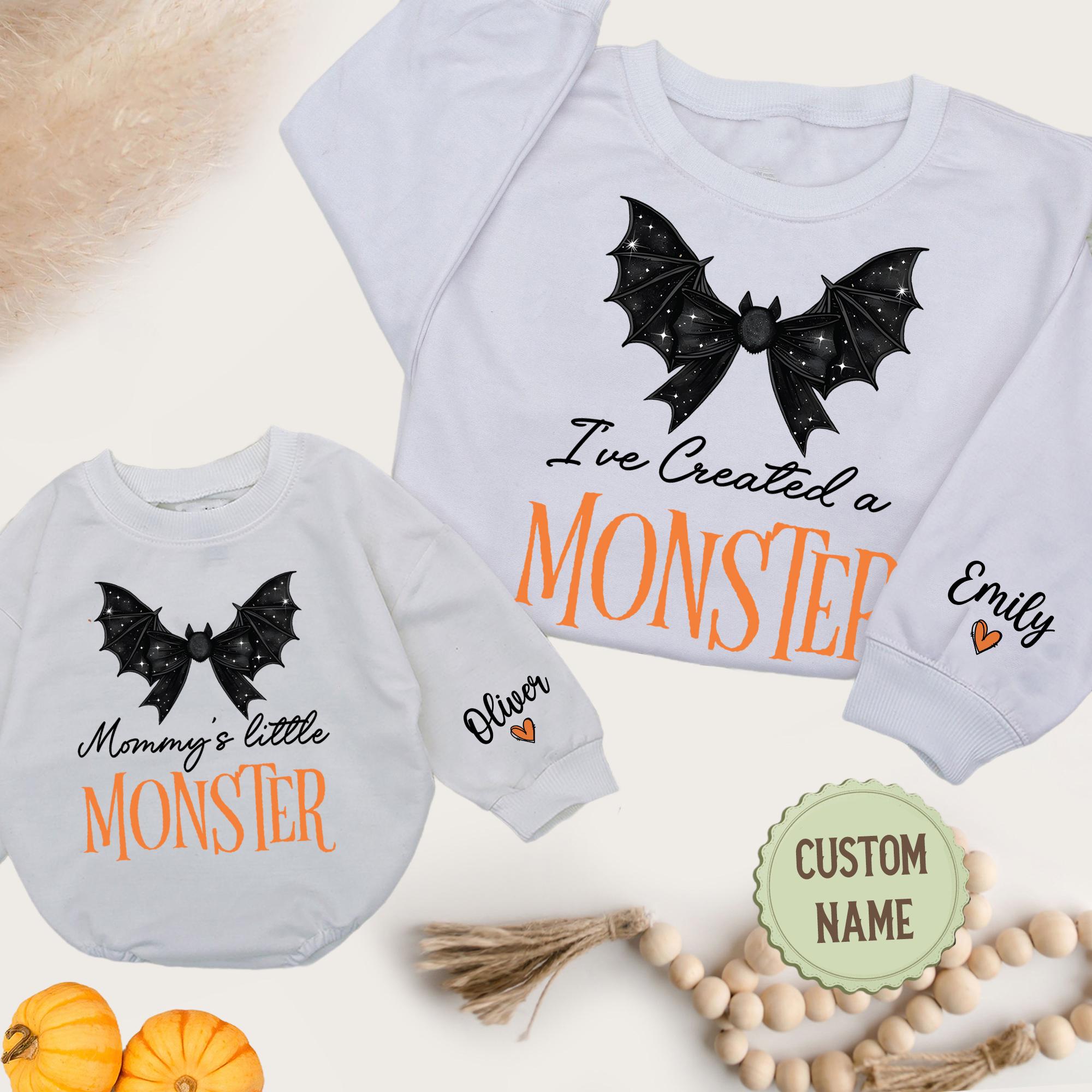 Custom Name Bat Coquette Bow I&#39;ve Created A Monster And Mommy&#39;s Little Monster Halloween Sweatshirts, Cute Baby Romper, Gifts For Halloween