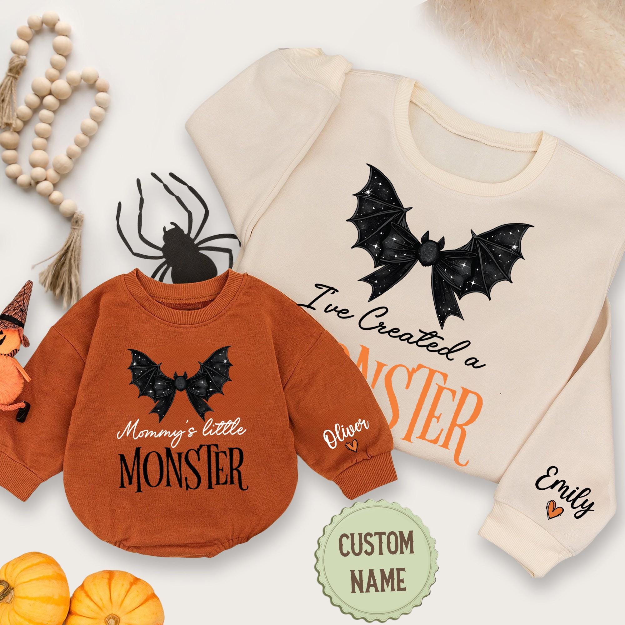 Custom Name Bat Coquette Bow I&#39;ve Created A Monster And Mommy&#39;s Little Monster Halloween Sweatshirts, Cute Baby Romper, Gifts For Halloween