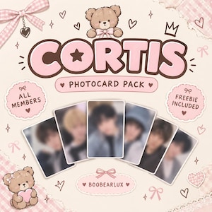 May include: A photocard pack titled CORTIS featuring six blurred portrait cards. The design includes a brown teddy bear, pink bows, hearts, and text reading ALL MEMBERS and FREEBIE INCLUDED. The overall aesthetic is light pink and cream.