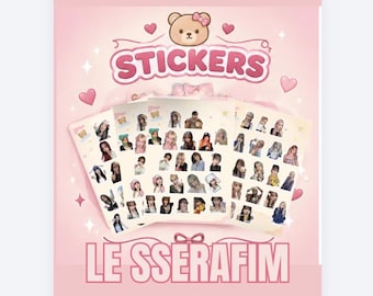 May include: A collection of sticker sheets featuring various photographs of the K-pop group LE SSERAFIM. The design includes a light pink background with a cartoon bear, hearts, and the text STICKERS and LE SSERAFIM in bold pink letters.