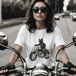 Motorcycle Unisex Shirt, Motorcycle Print Crew T-Shirt, Motorcycle Clothes, Biker Top, Biker Shirt, MotoGirlGear, Motorcycle Cat T-shirt
