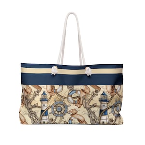 Nautical Pattern Weekender Bag - Beach Travel Duffel, Overnight Tote, Sailor Style Carry-On, Anchor Print Luggage, Sea Theme Vacation Purse