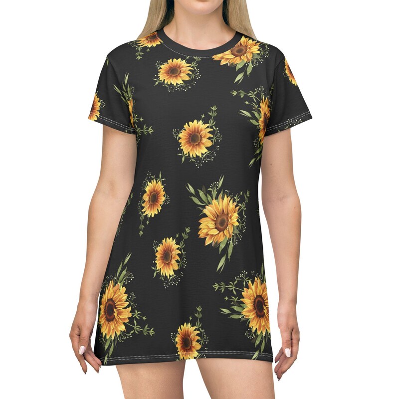 Black Short-sleeved T-shirt Dress With A White Sunflower Print