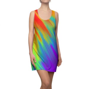 Neon Racerback Dress, Summer Women&#39;s Cut & Sew, Beachwear, Vacation Outfit, Bright Colorful Sundress, Festival Clothing