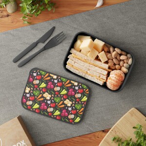 Bento Box, Veggie Pattern Eco Friendly Lunch Container with Utensils, Sustainable Food Storage Organizer, Meal Prep Container, Zero Waste