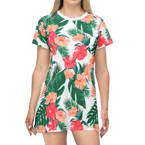 Tropical Floral T-Shirt Dress, Summer Beach Coverup, Vacation Wear, Resort Attire, Light Colored Floral Dress