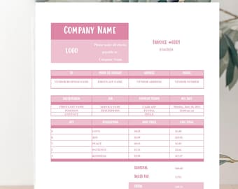 Pink, Editable minimalist template, PDF, Google Docs/Sheets, MS Word/Excel, Small business invoice template, Receipt, Billing statement