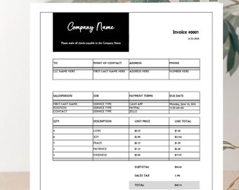 Editable minimalist invoice template, PDF, Google Docs/Sheets, MS Word/Excel, Small business invoice, Receipt, Billing statement, Blueprint