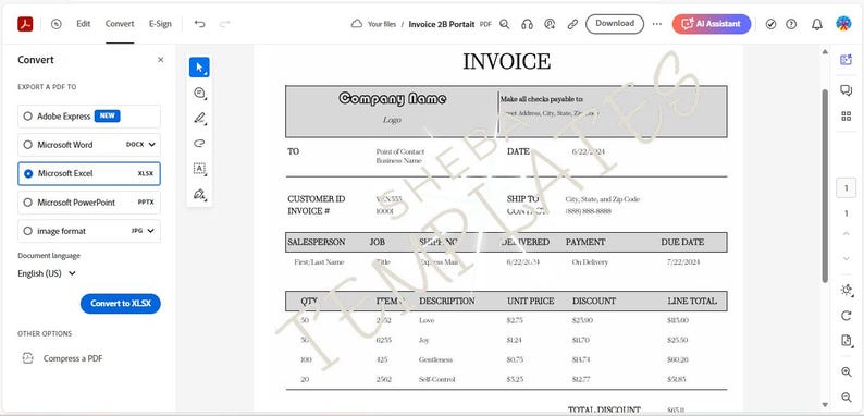 May include: Screenshot of a PDF invoice displayed on a computer screen. The invoice includes fields for company name, customer details, and itemized charges. The screen also shows options to convert the PDF to various formats, including Microsoft Excel.