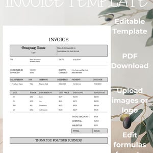 May include: An invoice template with the text "Invoice Template" at the top. The template includes fields for company name, customer ID, and item descriptions. The text "Thank you for your business!" is at the bottom. The template is editable and allows for PDF download.