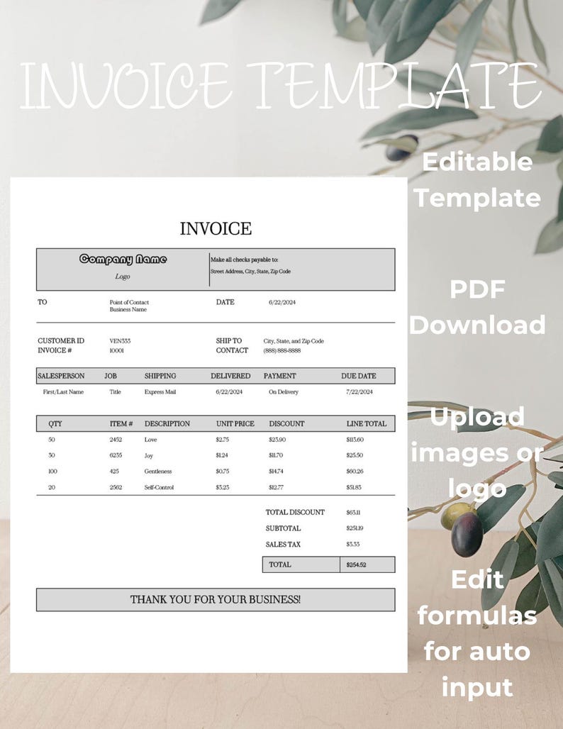 May include: An invoice template with the text "Invoice Template" at the top. The template includes fields for company name, customer ID, and item descriptions. The text "Thank you for your business!" is at the bottom. The template is editable and allows for PDF download.