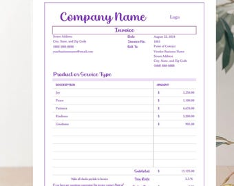 Editable minimalist invoice template, PDF, Google Docs/Sheets, MS Word/Excel, Small business invoice, Receipt, Billing statement, Blueprint