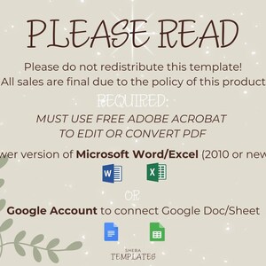 May include: A beige graphic with the text "PLEASE READ" at the top. The text below states the product's policy and requirements for use, including Adobe Acrobat and Microsoft Word/Excel. The image also includes the text "SHEBA TEMPLATES".