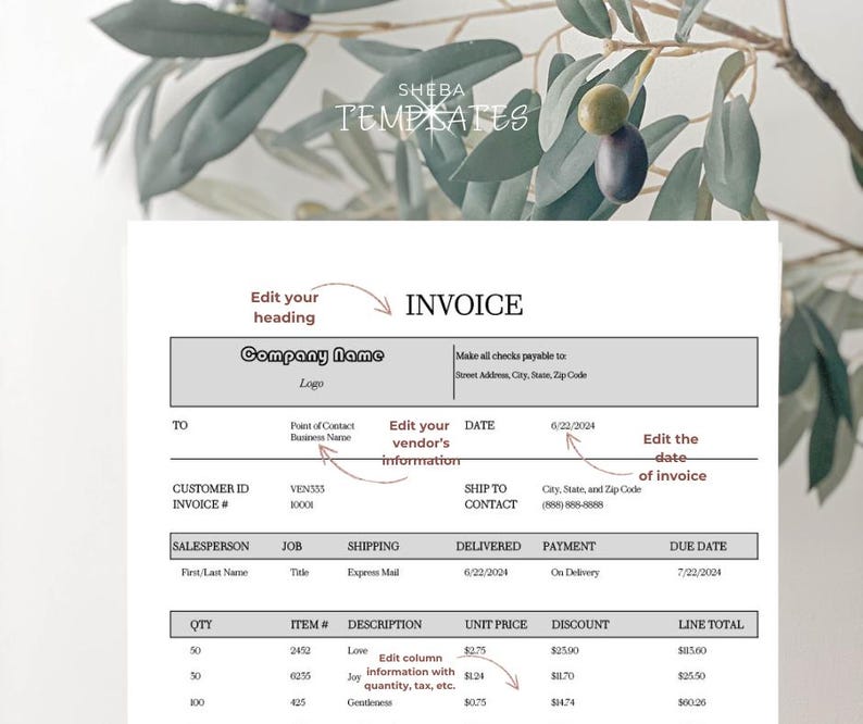 May include: A printable invoice template with the text "INVOICE" at the top. The template includes fields for company name, customer information, and itemized details. The document is designed for business use.