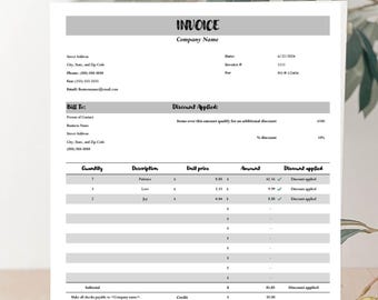 Editable minimalist invoice template, PDF, Google Docs/Sheets, MS Word/Excel, Small business invoice, Receipt, Billing statement, Blueprint