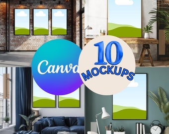 10 Canva Wall frame drag and drop mockups simple use bundle, bonus mockups included, canva template, canva pro features, Poster Mockup
