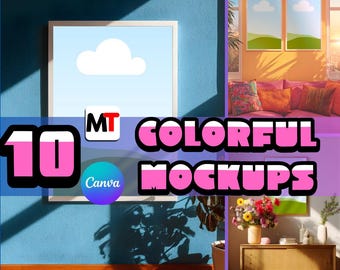 Colorful Canva Picture Frame Mockup | 10 Pack Drag and Drop | 4K HD Living Room PNG and JPEG | Photo Frame Bundle Template