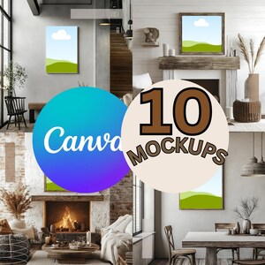May include: Ten canvas mockups in a rustic living room setting. The mockups are displayed on walls and a fireplace mantel. The room features a brick wall, a fireplace, a sofa, and a table with chairs.