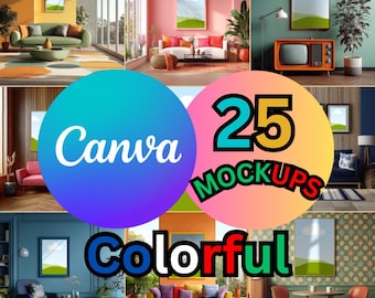 Colourful Canva 4k Drag and Drop template Mockups, Lifetime License, 25 picture frame mockup, for business owners, Living room, retro