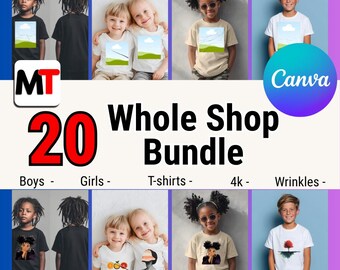 May include: A promotional image showcasing a bundle of 20 t-shirts for boys and girls. The shirts feature various designs, including landscape graphics and portraits. The text "Whole Shop Bundle" and "Canva" are also visible.