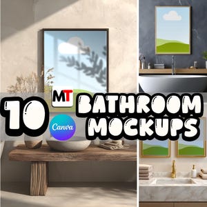 Badezimmer Canva Bilderrahmen Mockups (10er Pack) | Vorlagen ziehen & ablegen | 4K HD Innenräume | Modernes Badezimmer Wand Kunst Mockups | Kommerzielle Nutzung